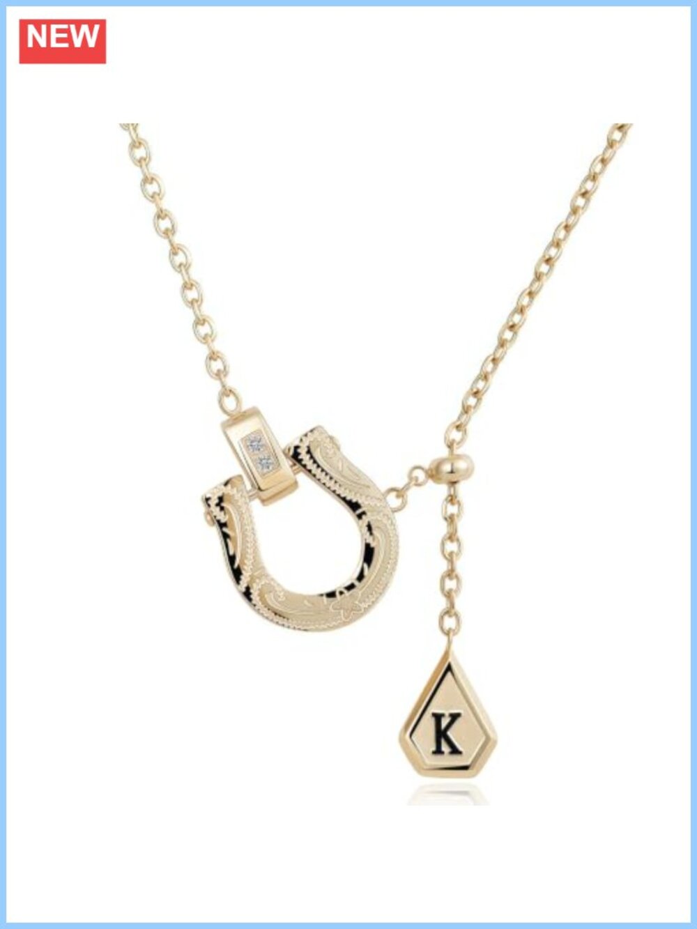 14K Gold Plated Horseshoe Initial Pendant Necklace with Cubic Zirconia, Western